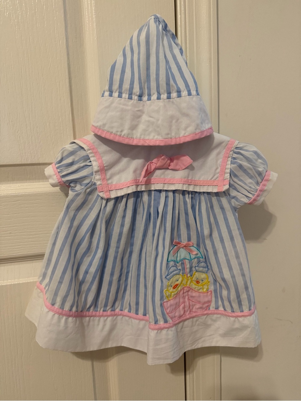 Blue & White Striped Hooded Sailor Dress with Pink Trim